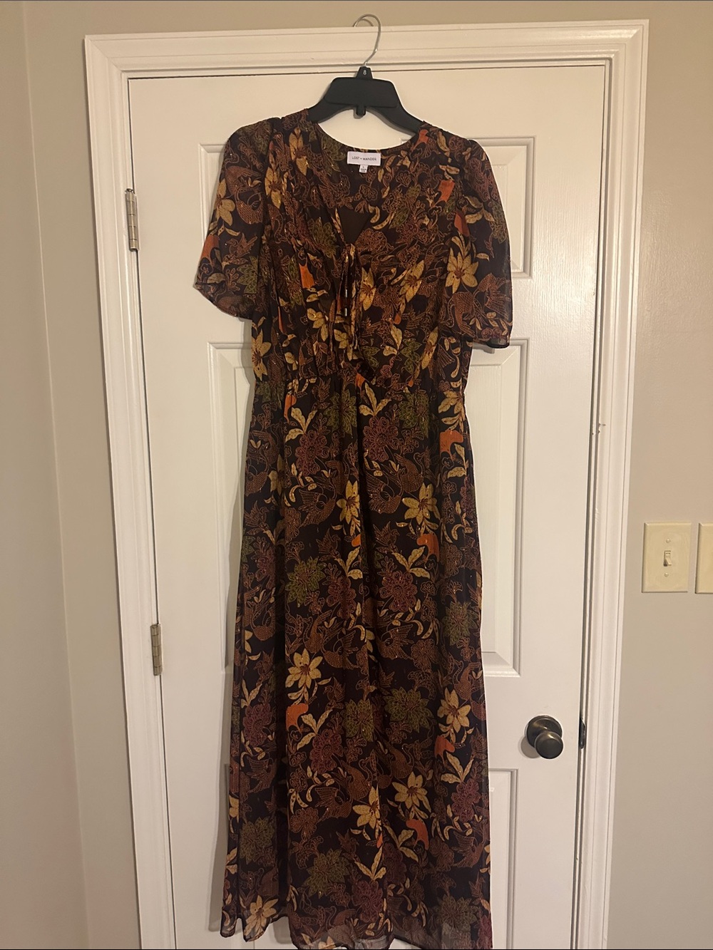 Lost + Wander Brown Floral Maxi Dress with Tie Front